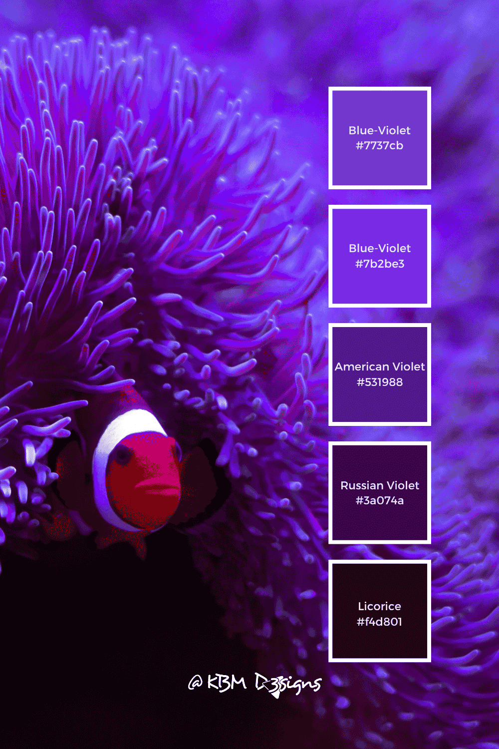Under Water Scape, Purple Color Palette with five hues and their #Hex codes: Blue-Violet #7737cb, Blue-Violet #7b2be3, American Violet #531988, Russian Violet #3a074a, Licorice #f4d801