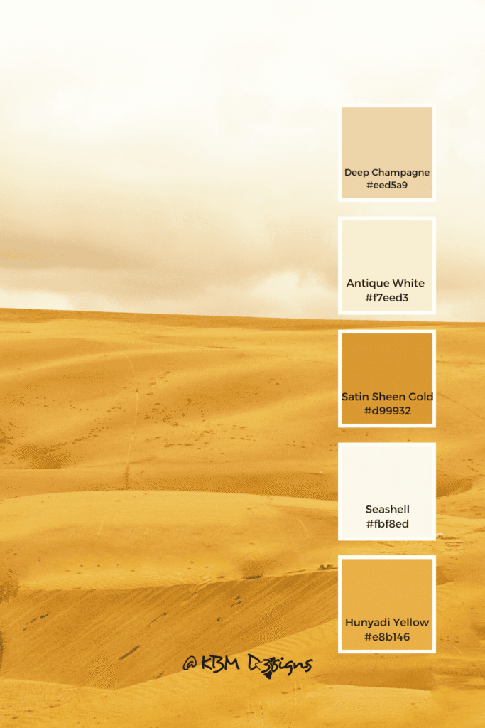 Desert landscape with five hues and their #Hex codes: Maize #facd47, Banana Mania #fce7b2, Papaya Whip #fdf2d5, Jasmine #fade83, Tiger's Eye #e49c3c