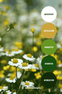 Wildflower Field Palette reflects freshness and vitality, perfect for a lawn care brand focused on vibrant, healthy landscapes, Dark Green #0B2C09, Green #195110, Avocado #669721, Satin sheen gold #CCA43B, White #FFFFFF