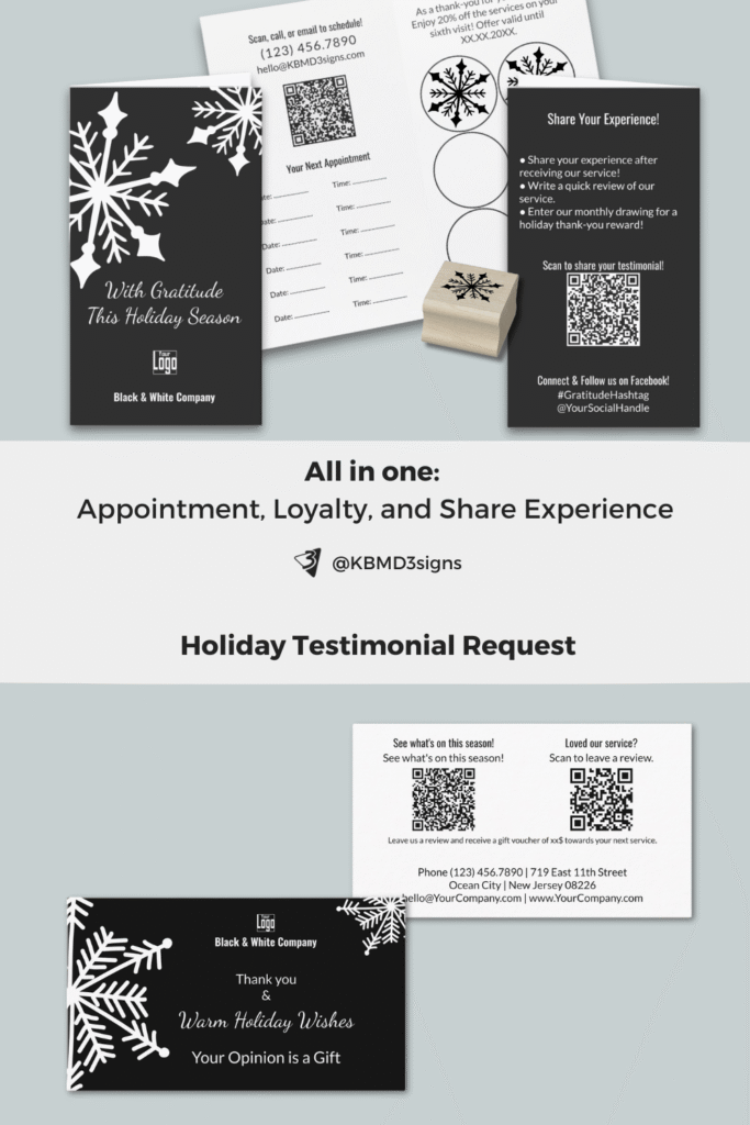 Seasonal winter all in one card and testimonial card, classic snowflake design in black and white