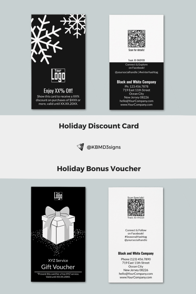 Seasonal winter discount and voucher cards, classic snowflake design in black and white
