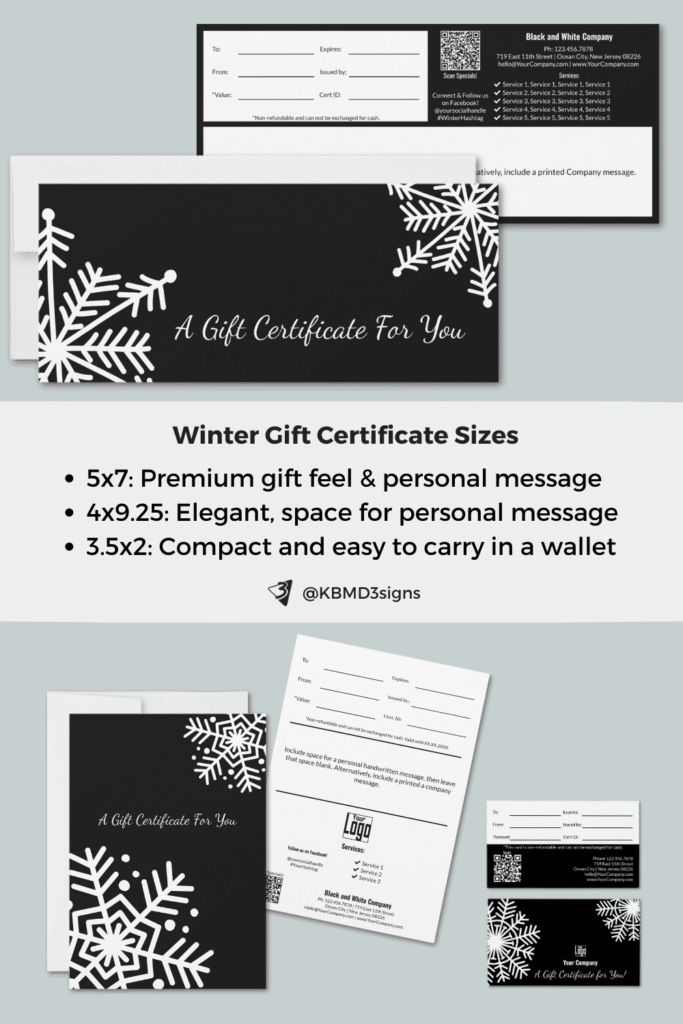 Seasonal winter gift certificates, classic snowflake design in black and white