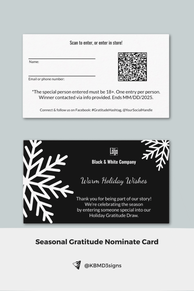 Seasonal winter engage the community card, classic snowflake design in black and white