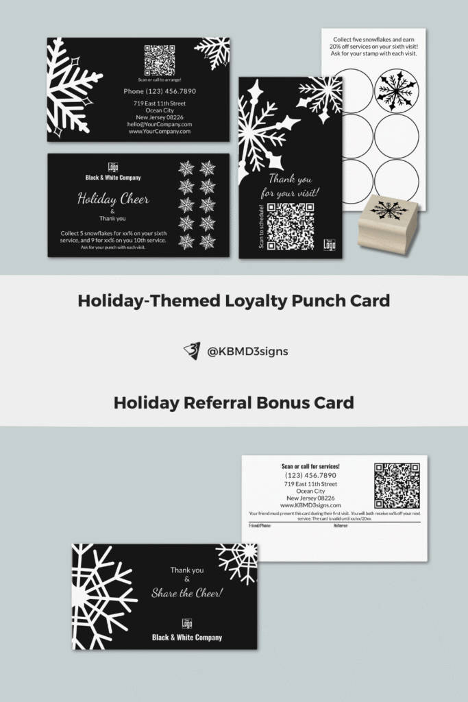 Seasonal winter loyalty and referral cards, classic snowflake design in black and white
