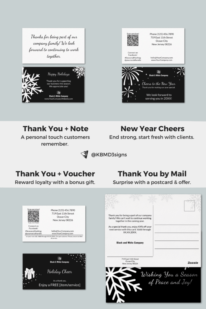 Seasonal winter thank you cards, classic snowflake design in black and white