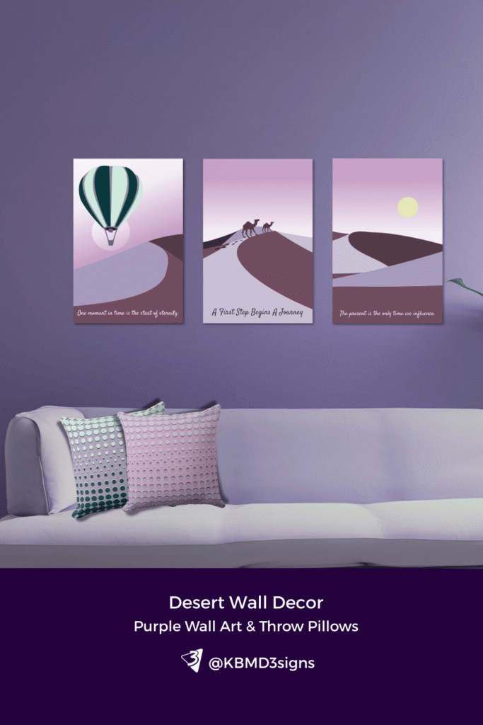 Set of three desert wall decor in shades of purple