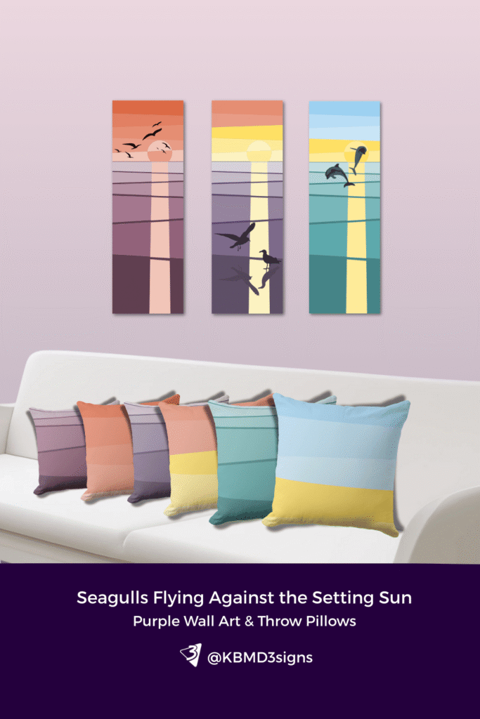 Wall art set of three with seagulls flying against the setting sun in shades of purple, orange and turquoise