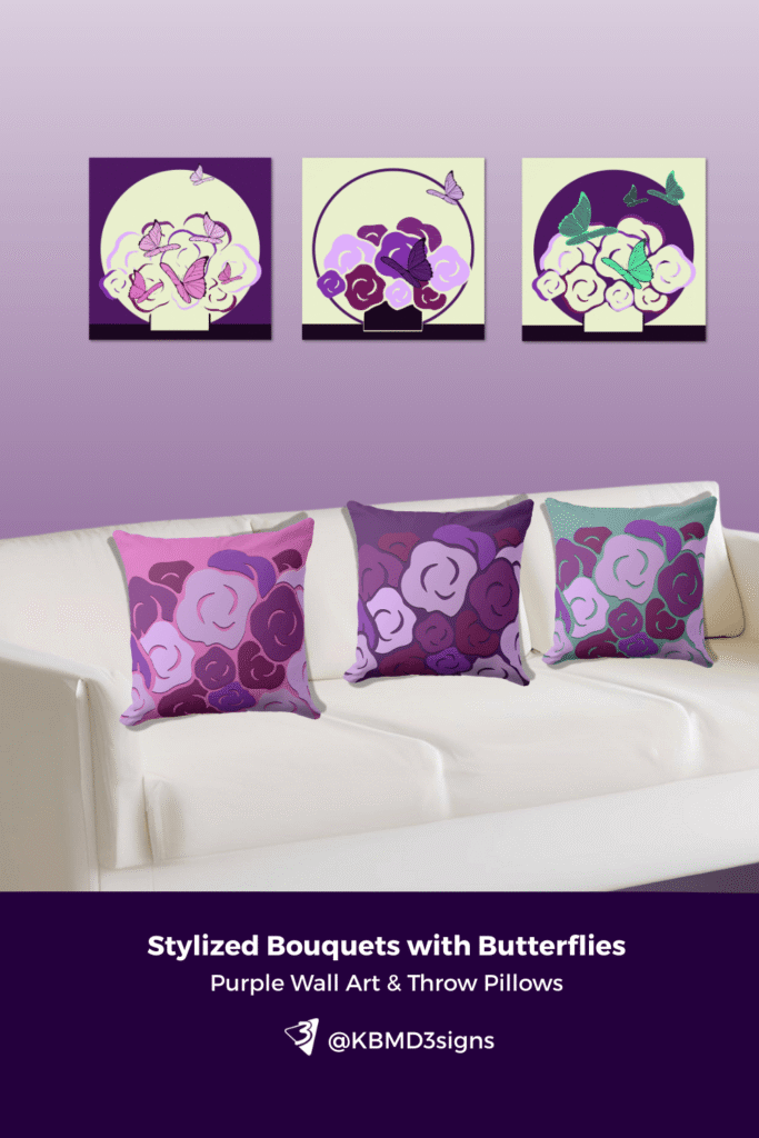 Set of three square stylized bouquets with butterflies in purple, pink and green