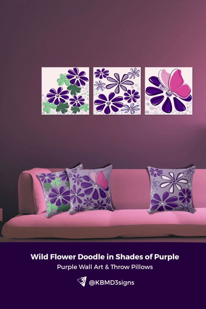 Wild flower doodle in purple shades wall art as potential set of three and pillows