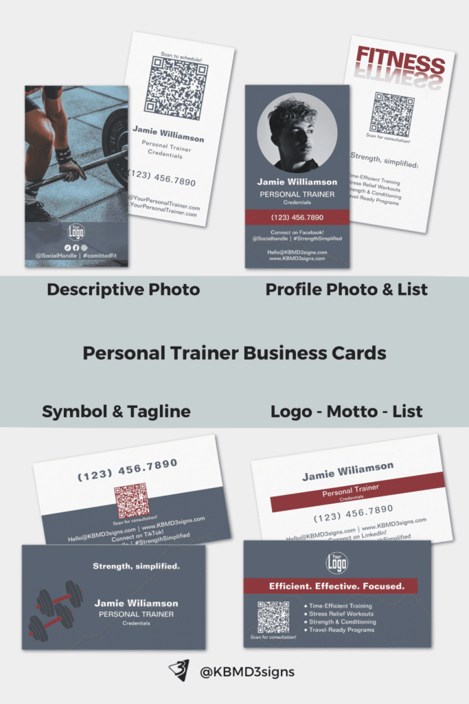 Personal Trainer Business Card: For corporate fitness trainer cards in minimalist style either with gym or profile photo, with dumbbells symbol or red accent