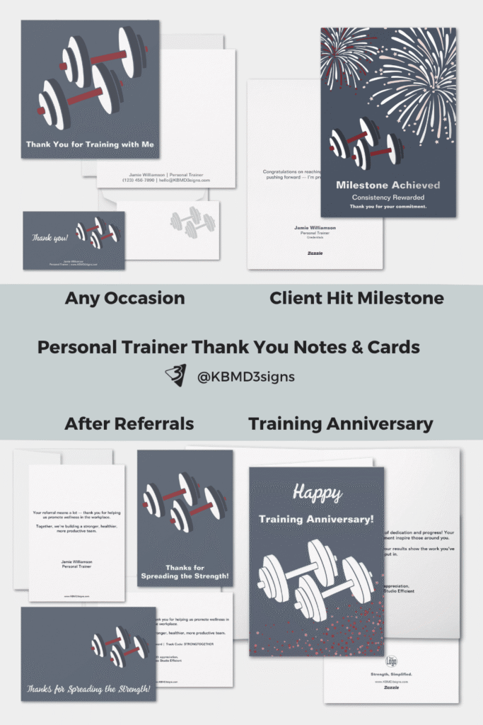 Personal Trainer Thank you notes and cards: for any occasion, reaching a milestone, thanking for referrals, celebrating a training anniversary or birthday.