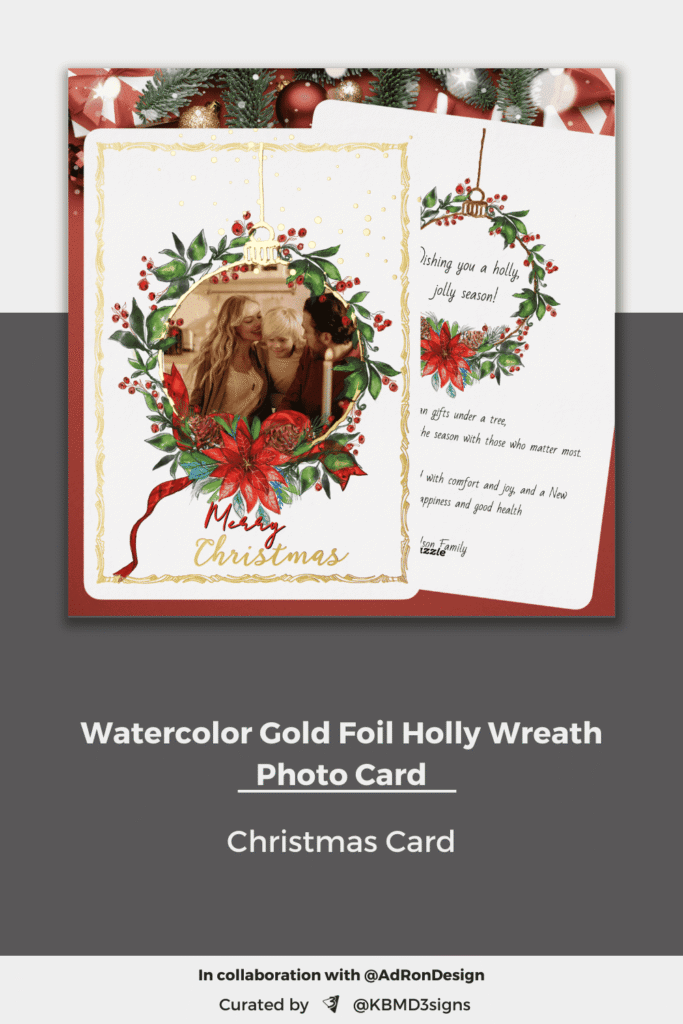 HHG Collab - Watercolor Gold Foil Holly Wreath Photo Card