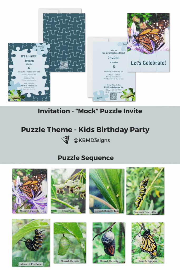 Custom birthday party invitation, puzzle  hand cut invitation & Monarch Butterfly Lifecycle Puzzle Sequence