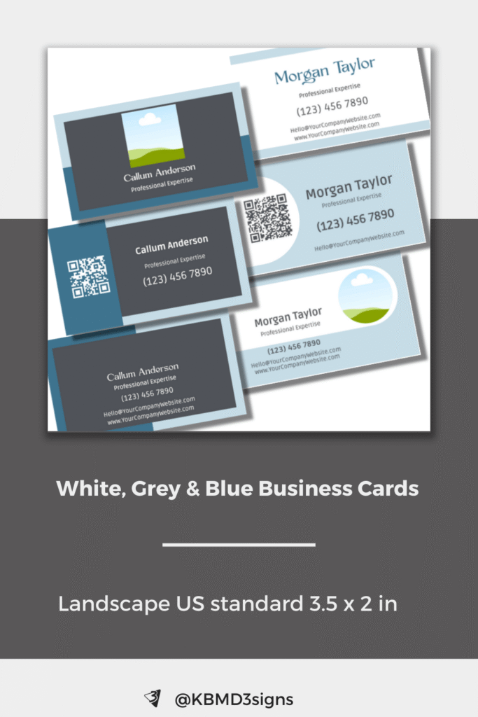White, grey and blue business cards | standard landscape US 3.5 x 2 inch  