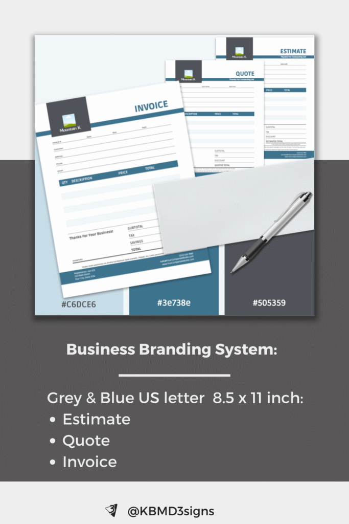 Structured, professional  grey and blue business branding system. It consists of an estimate quote and invoice template.