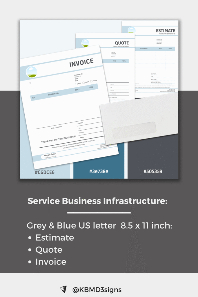 Calm and Friendly Blue Grey Brand Infrastructure. It consists of an estimate quote and invoice template.