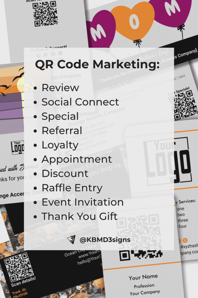 Marketing materials like thank you cards and loyalty cards featuring QR codes