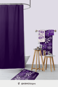 Purple bathroom decor with whimsical flower doodle pattern