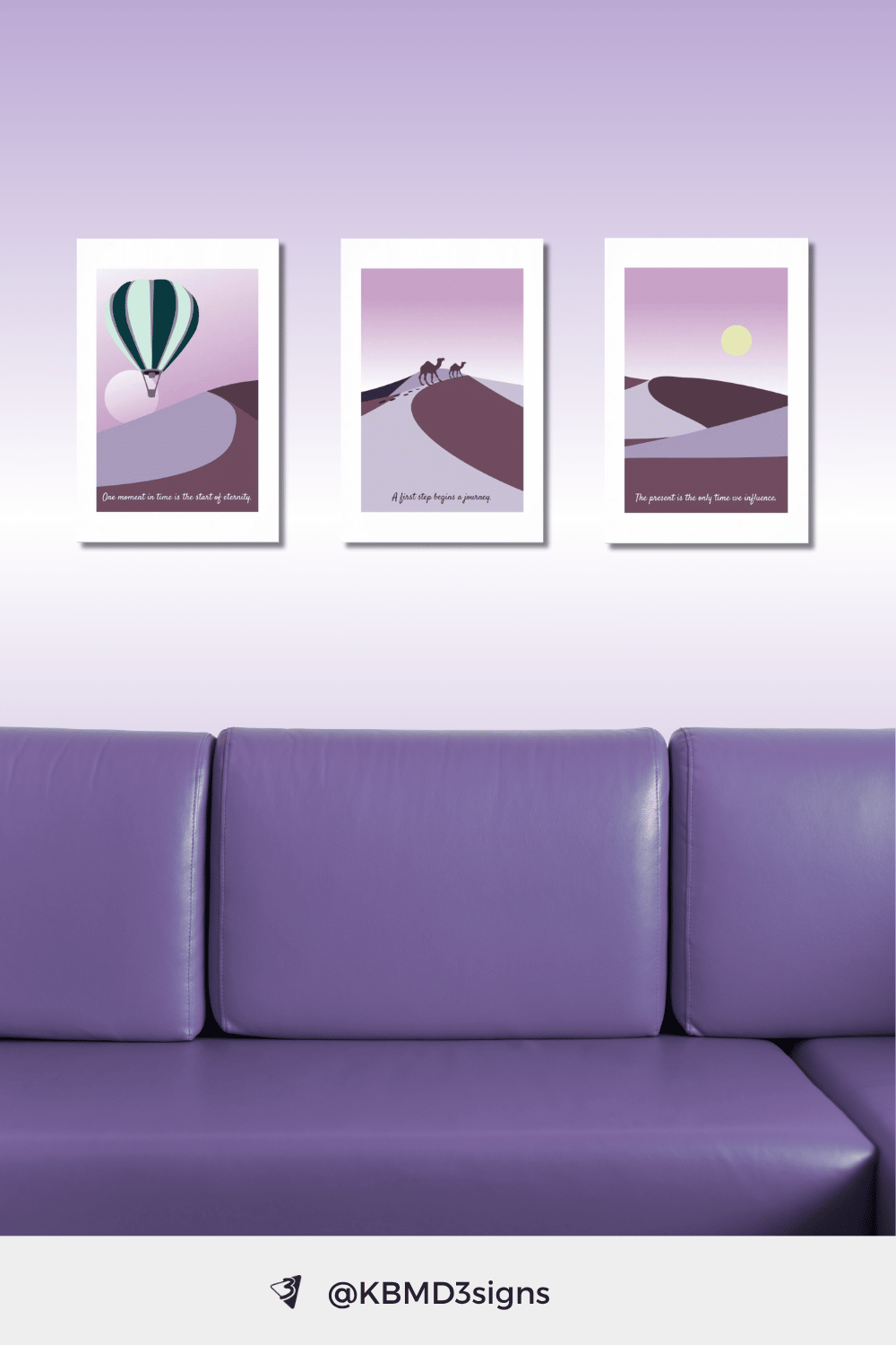 What is the color purple and its practical application in wall art? As for example in a set of three peaceful desert dune landscapes.