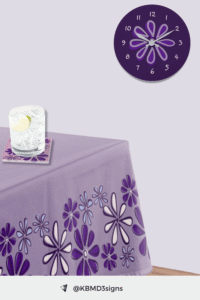 A Family Dining Room in the Color Purple and a Decorative flower Doodle Pattern - Table Cloth - Coaster - Wall Clock